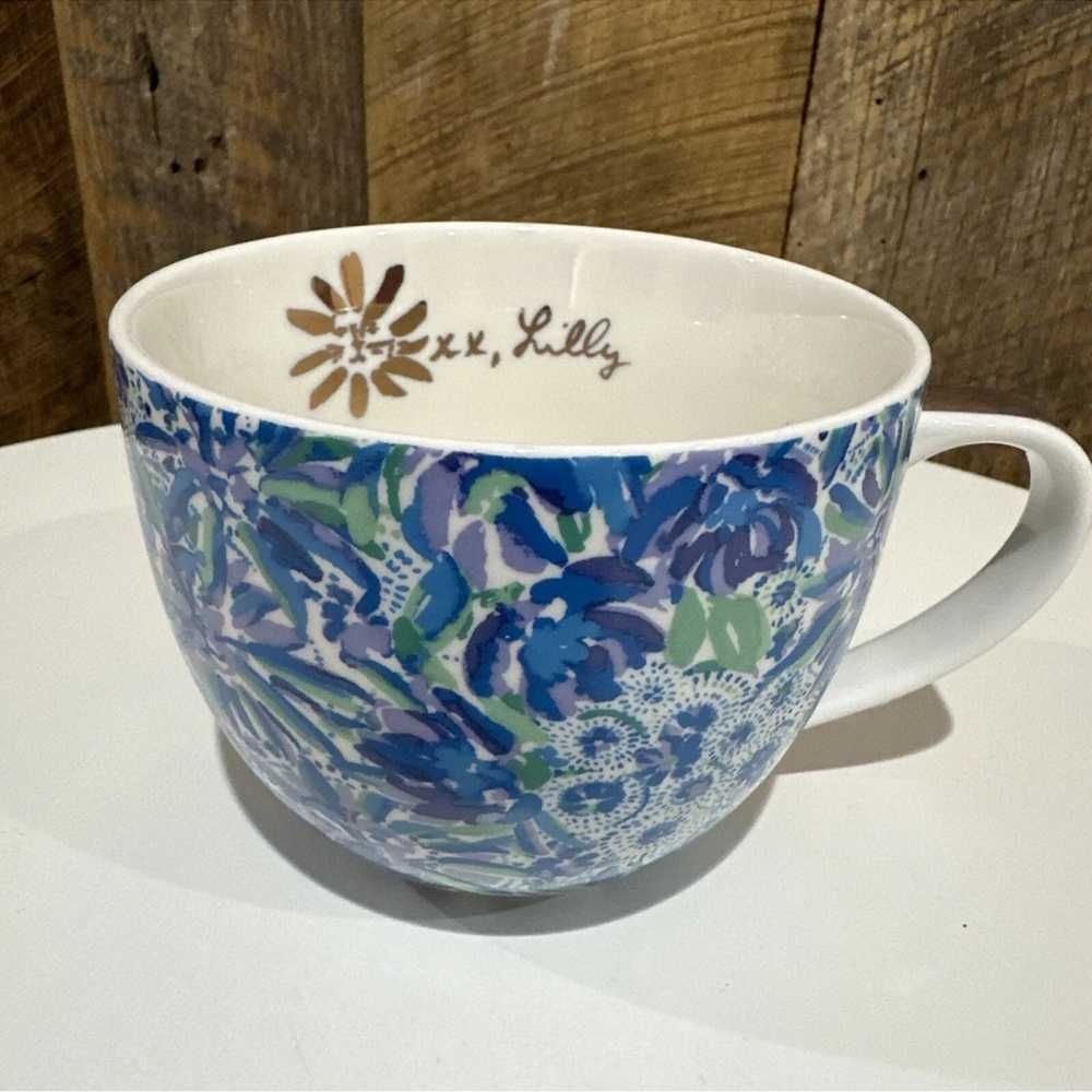 Lilly Pulitzer Hidden Cat Blue Green Purple Floral Coffee Mug Tea Cup 12 Oz